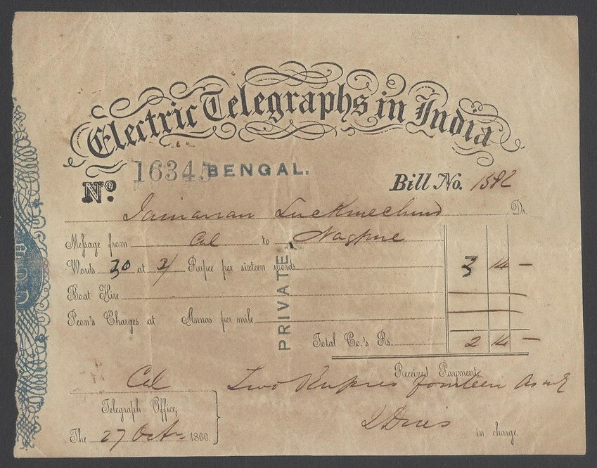 AOPIMT India ELECTRIC TELEGRAPHS IN INDIA, BENGAL 1860 receipt