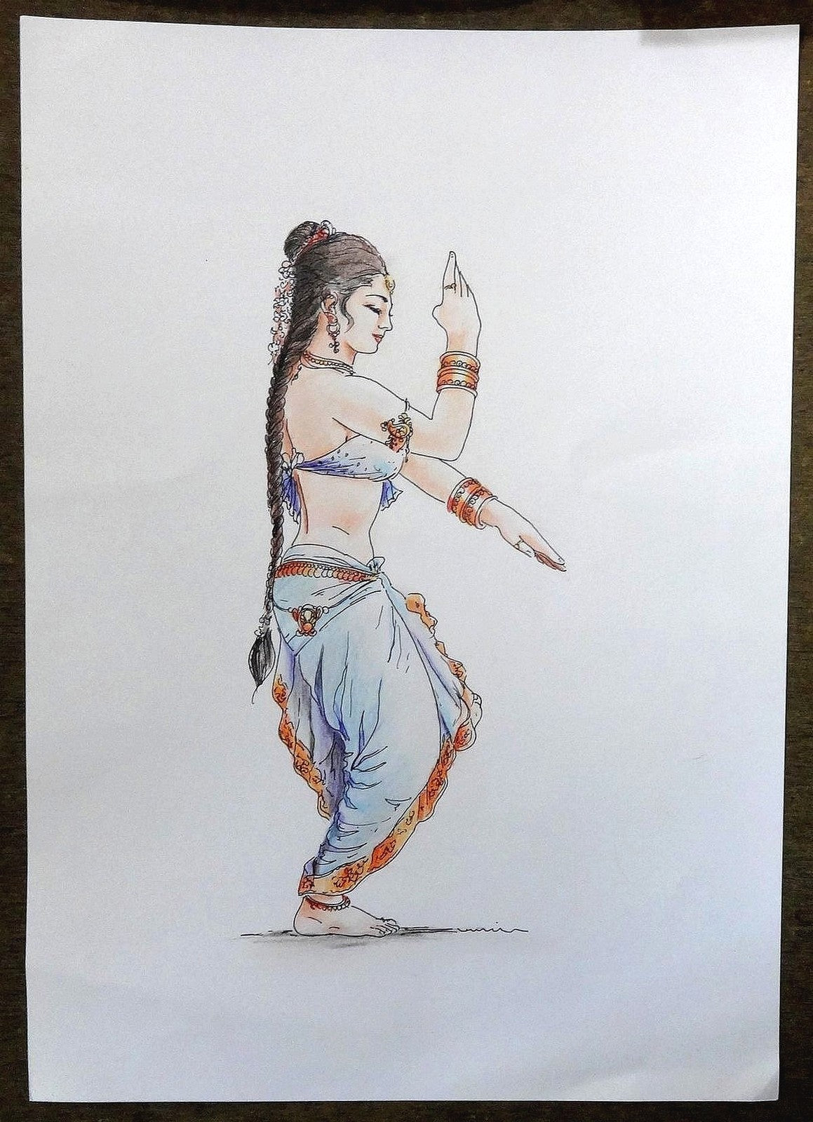 Indian dancing beauty watercolors crayons & ink on card 12''x 17''