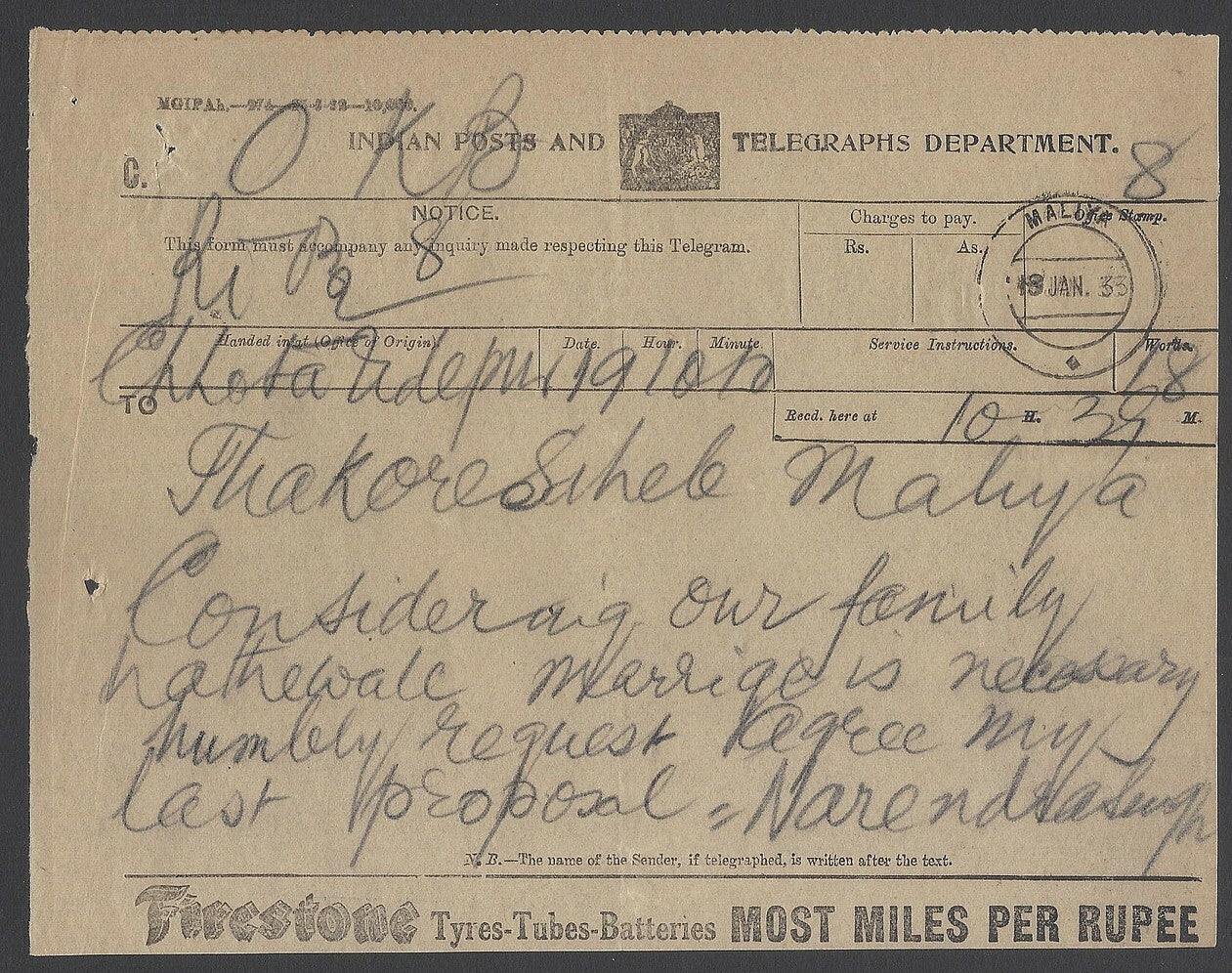AOPIMT India 1935 telegram with FIRESTONE TYRES TUBES BATTERIES advertisement