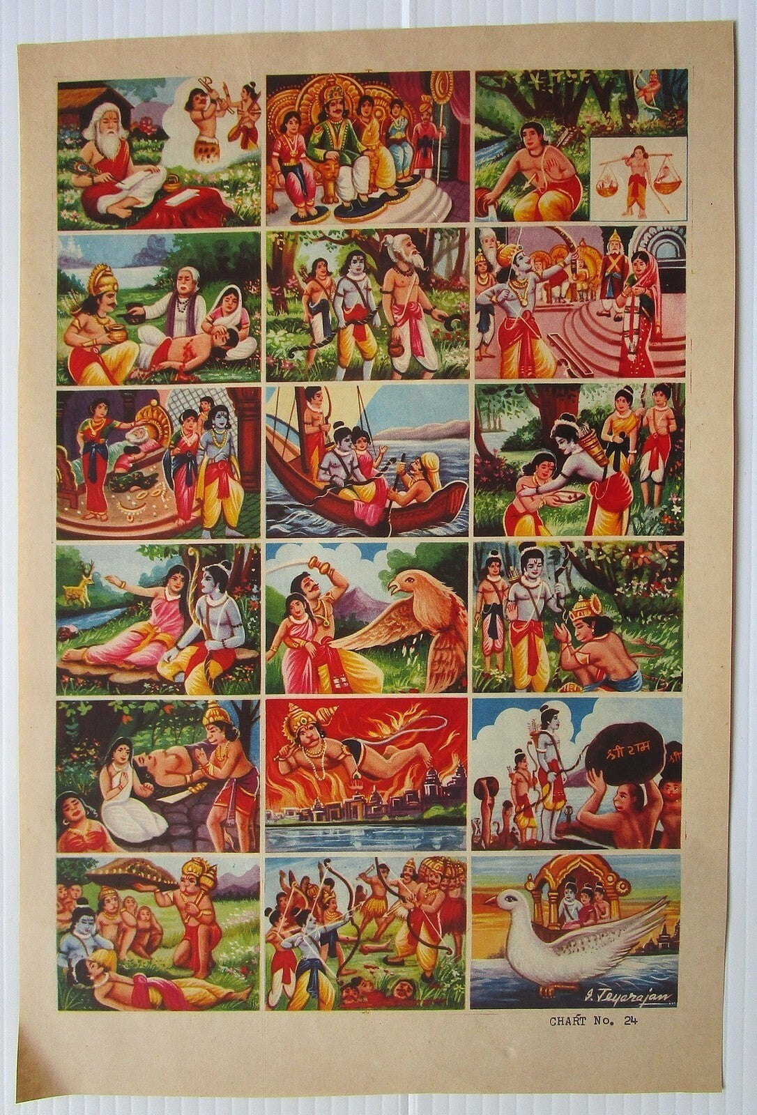 India vintage print 18 SCENES FRIOM THE RAMAYANA 24 x 36cm