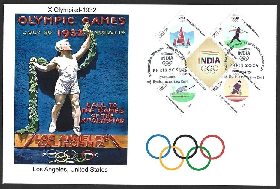 India 2024 Paris Olympics FDC with 1932 Las Angeles, UK Olympics cachet