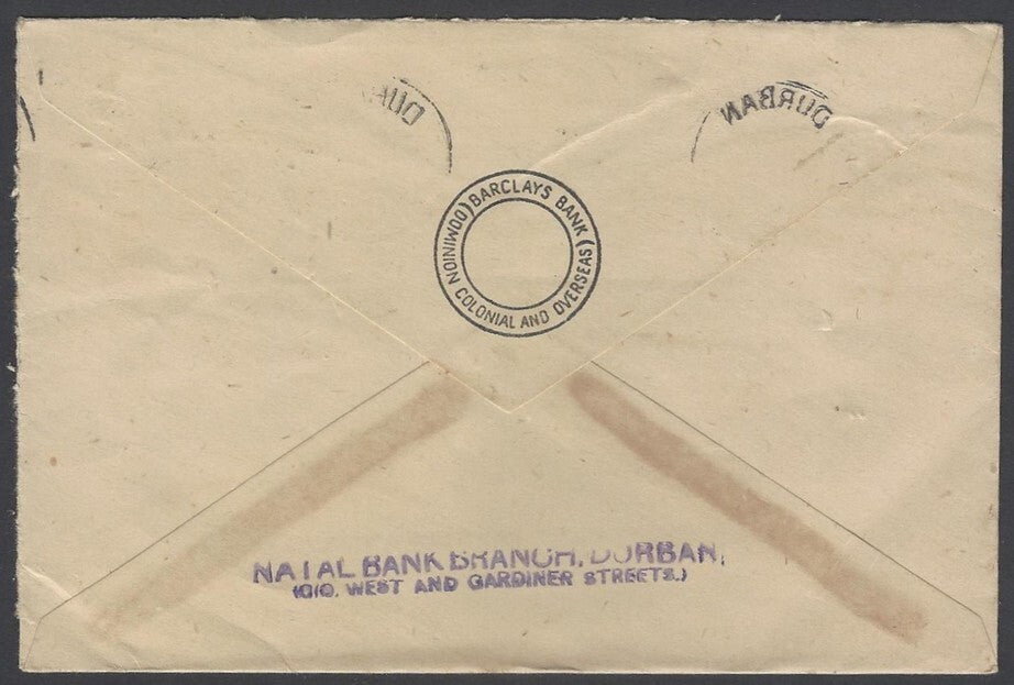 AOP South Africa 1943 bantam 2d single franking cover Durban to India