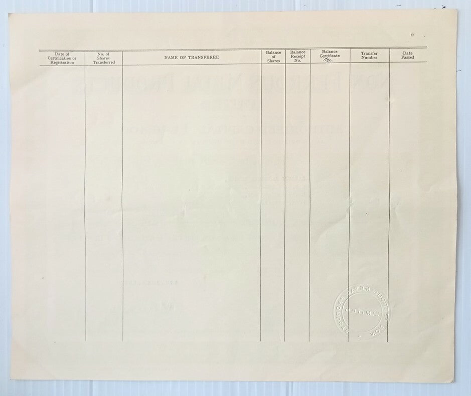 AOP India 1952 share certificate Non Ferrous Metal Products Ltd