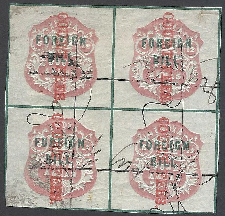 AOP India QV 1870 COURT FEES upward ovpt on QV FOREIGN BILL 4a used block Bft 20
