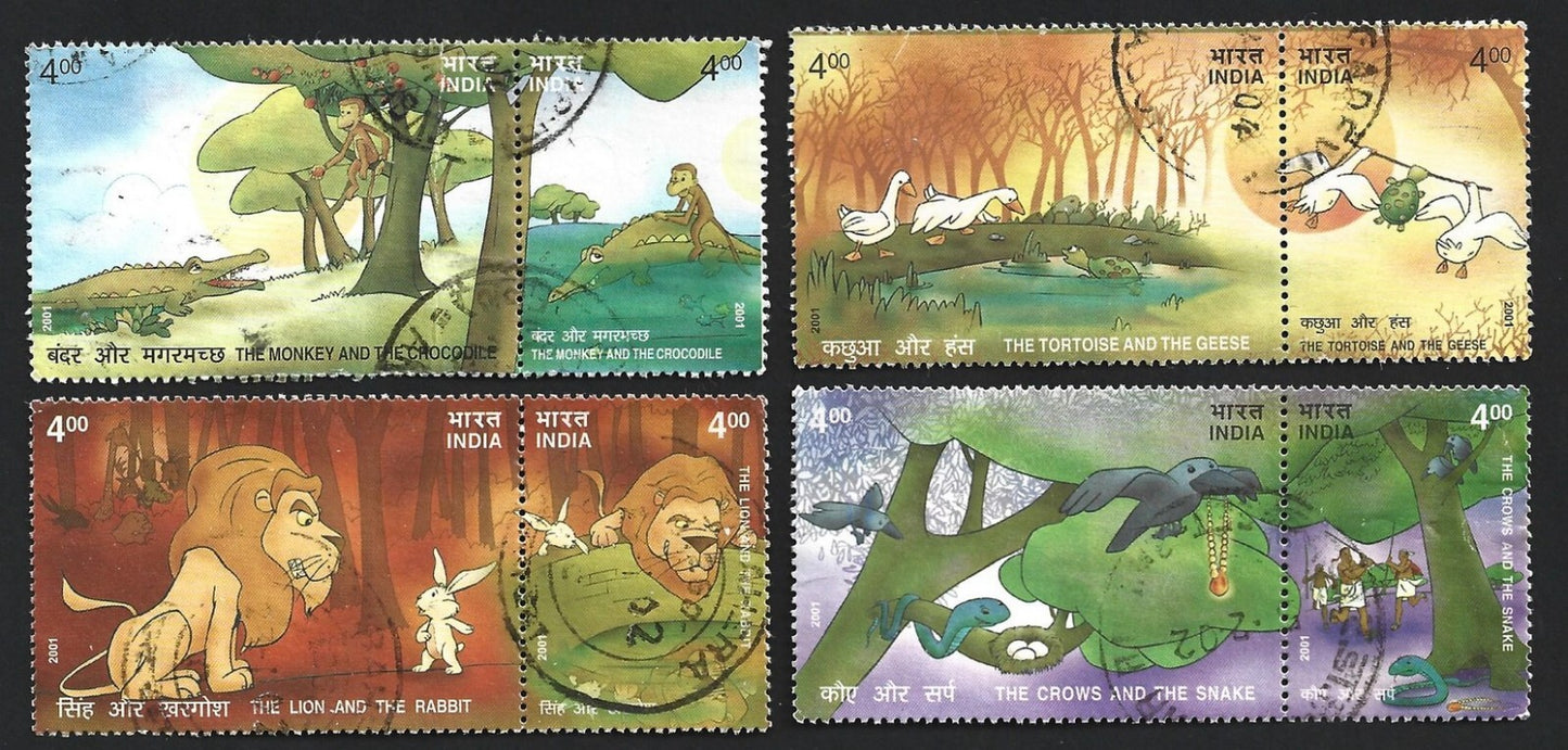 India 2001 Panchtantra set of 4 se-tenant pairs postally used