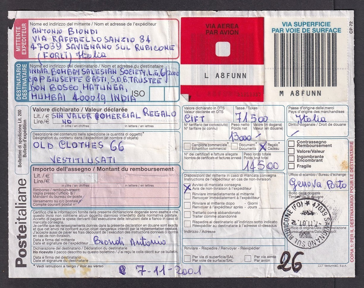 Italy 2001 parcel card to India wi a combination of Lire & dual currency issues