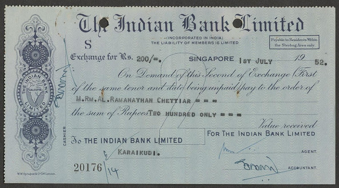 (AOP) Malaya CHECK : The Indian Bank Limited, SINGAPORE 1952