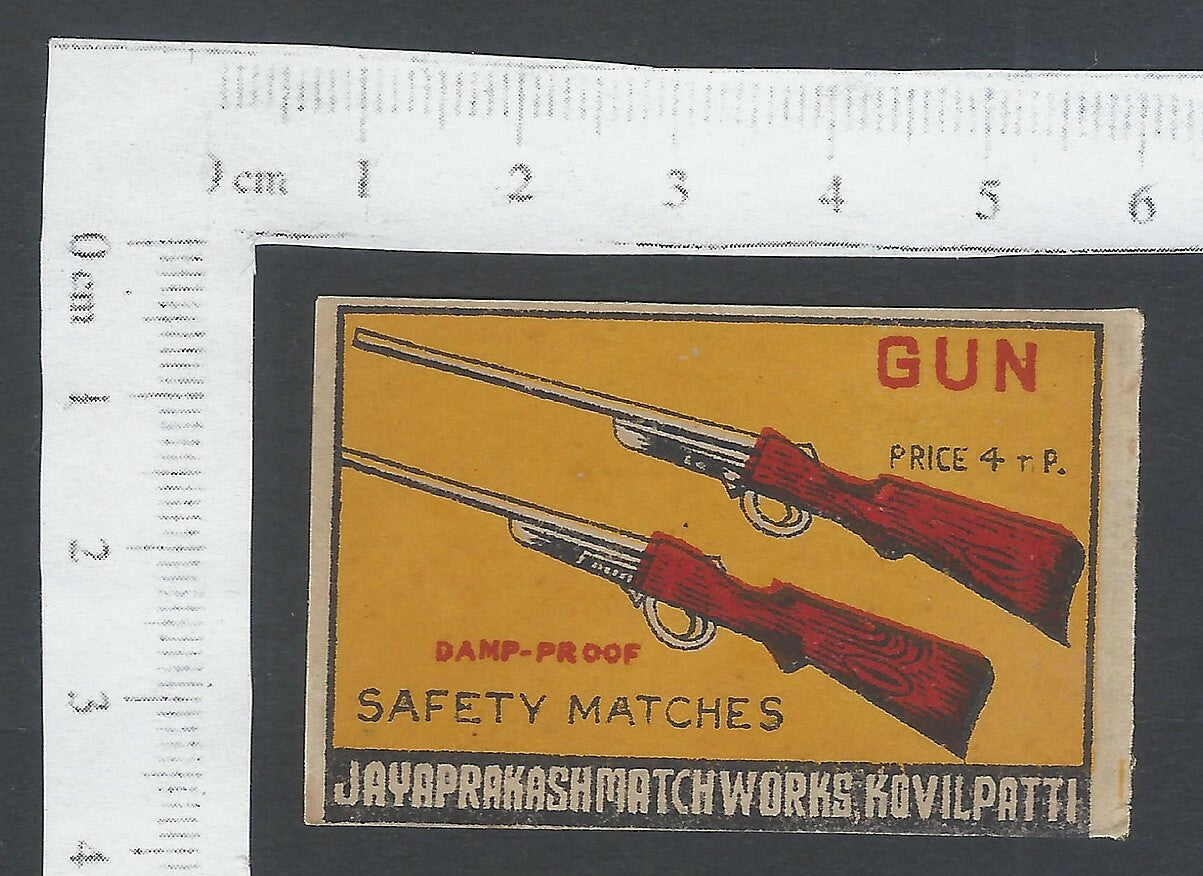 India vintage matchbox label GUN