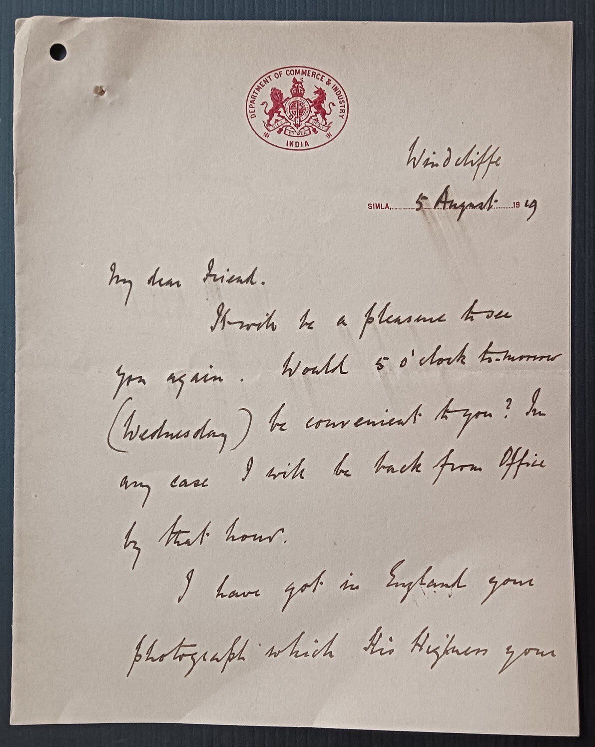 DEPARTMENT OF COMMERCE & INDUSTRY INDIA 1919 crested letter to Maharaja Patiala
