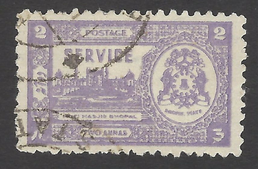 India Bhopal Official SG O348d used 1944-7 2a mauve Moti Masjid Bhopal
