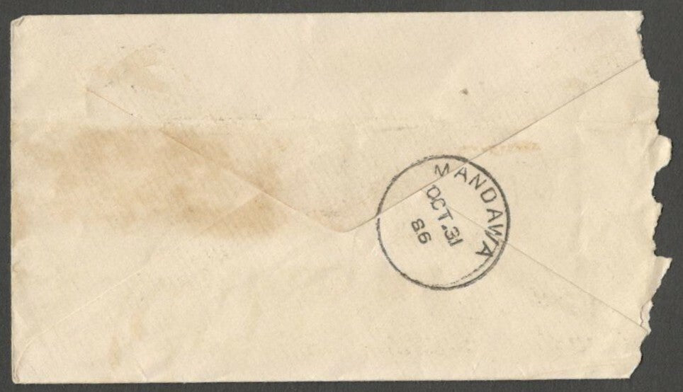 AOPIMT India QV 1/2a blue env. canc M.A. CAWNPORE (Mail Agent) thimble