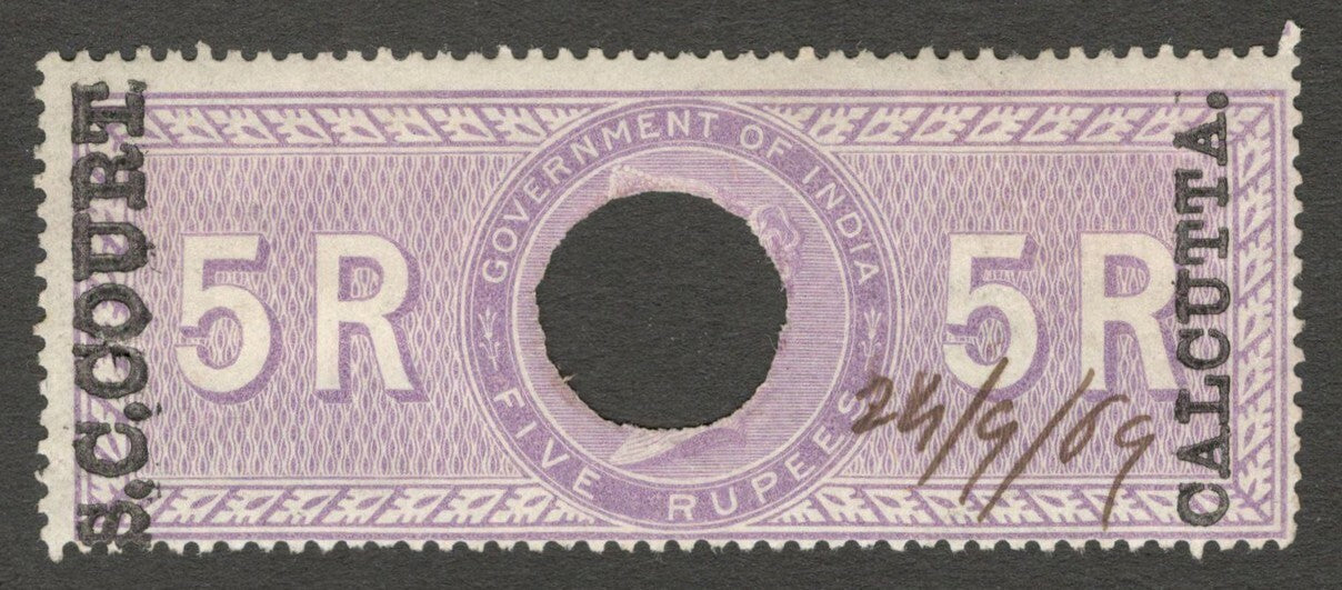 AOP India 1868-69 S C COURT CALCUTTA ovpt on SPECIAL ADHESIVE 5R used. Bft 68