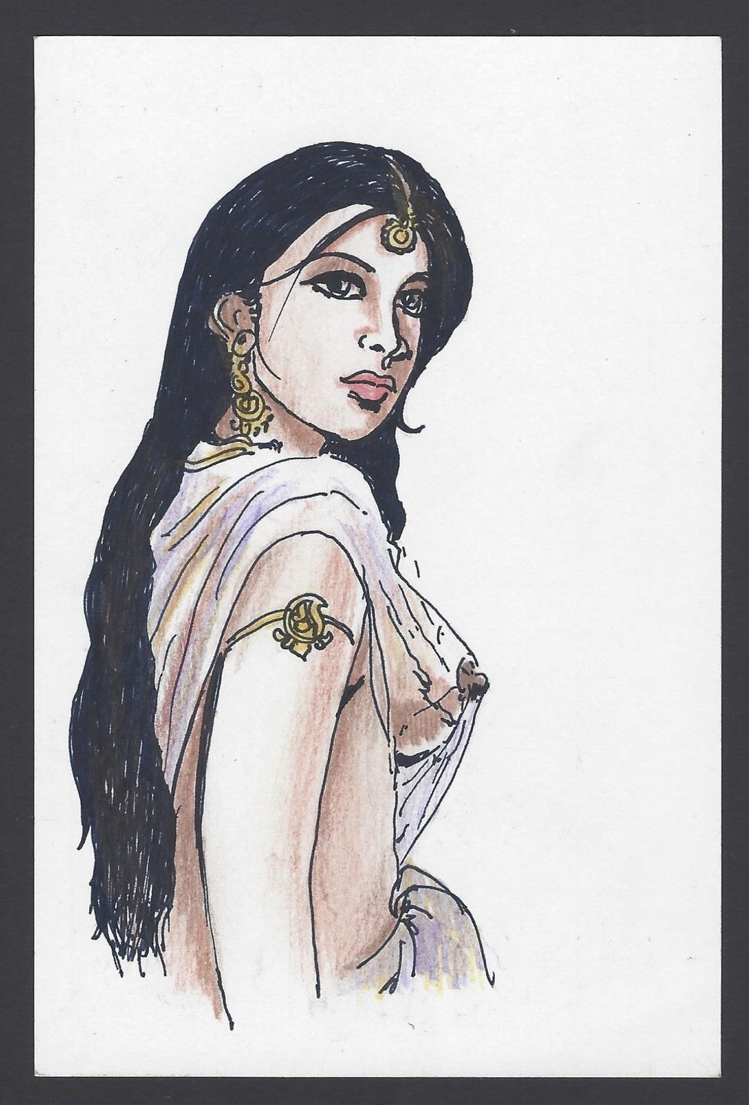 India nude beauty on hand painted postcard