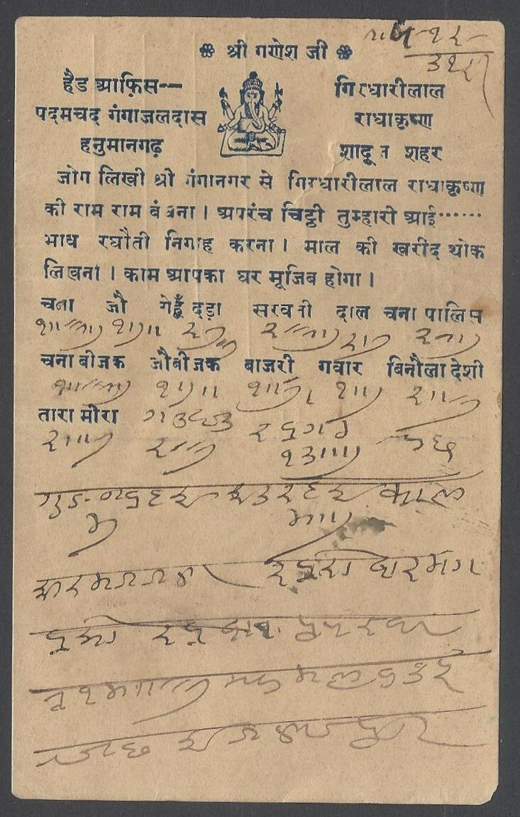 AOP India 1931 postcard canc. atypical cds GANGANAGAR
