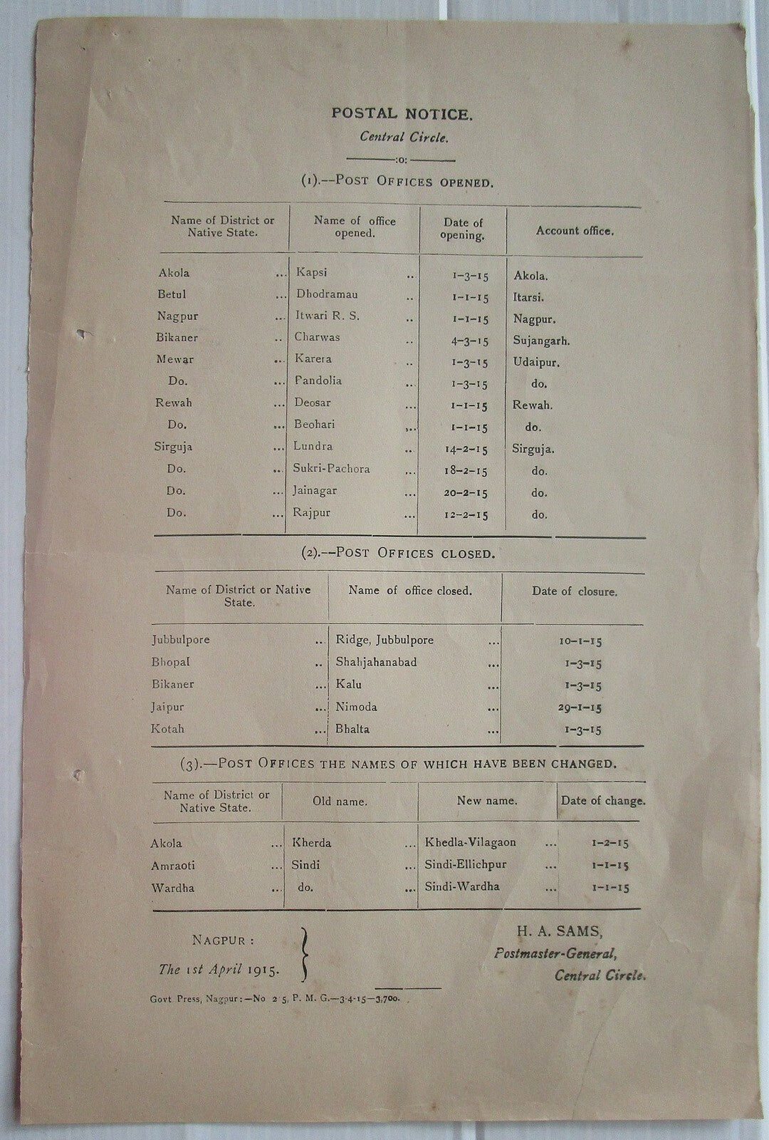 India 1915 Postal Notice re: Opening & Closure of post offices