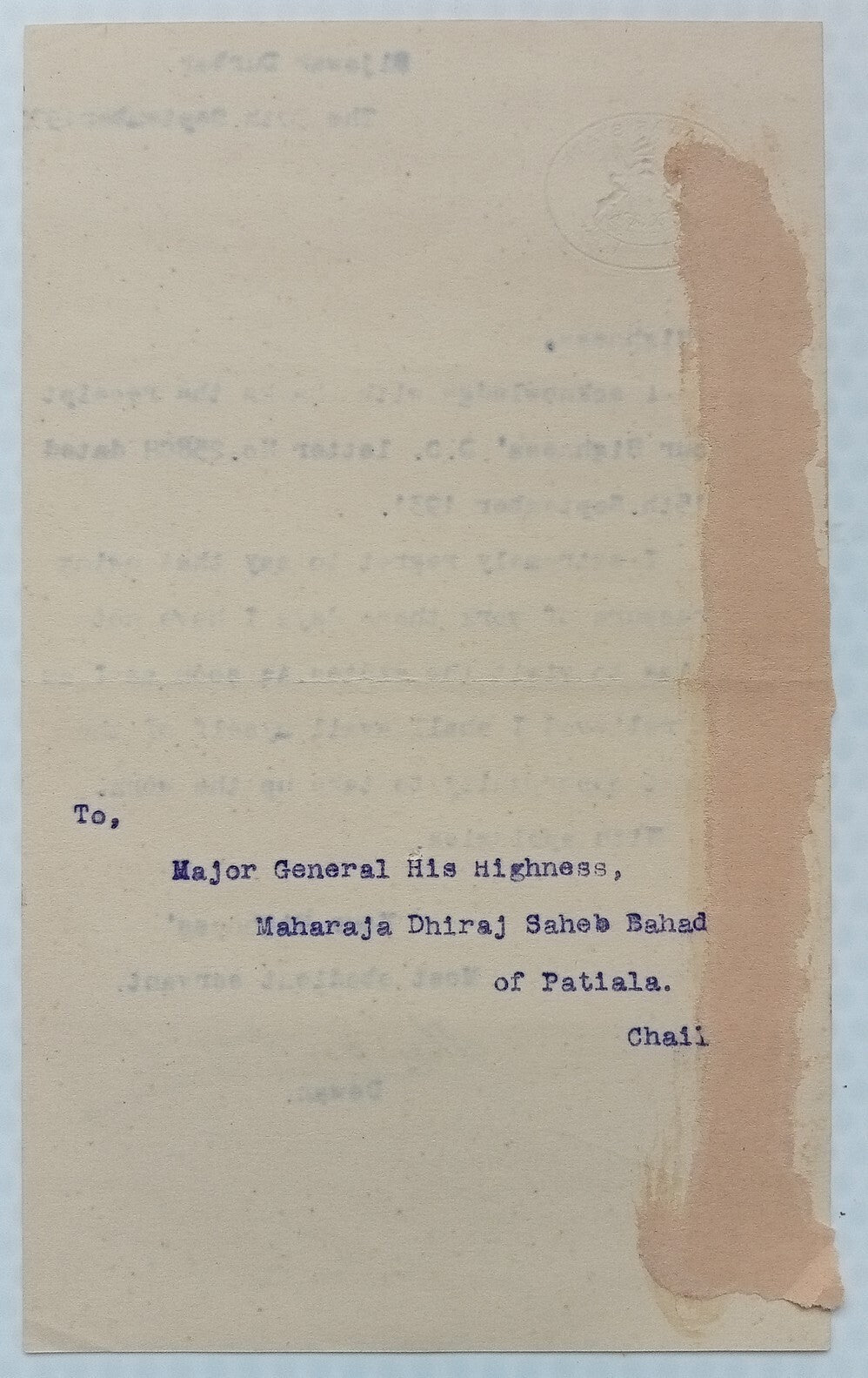 BIJAWAR STATE crested letter signed by the Dewan 1931 India
