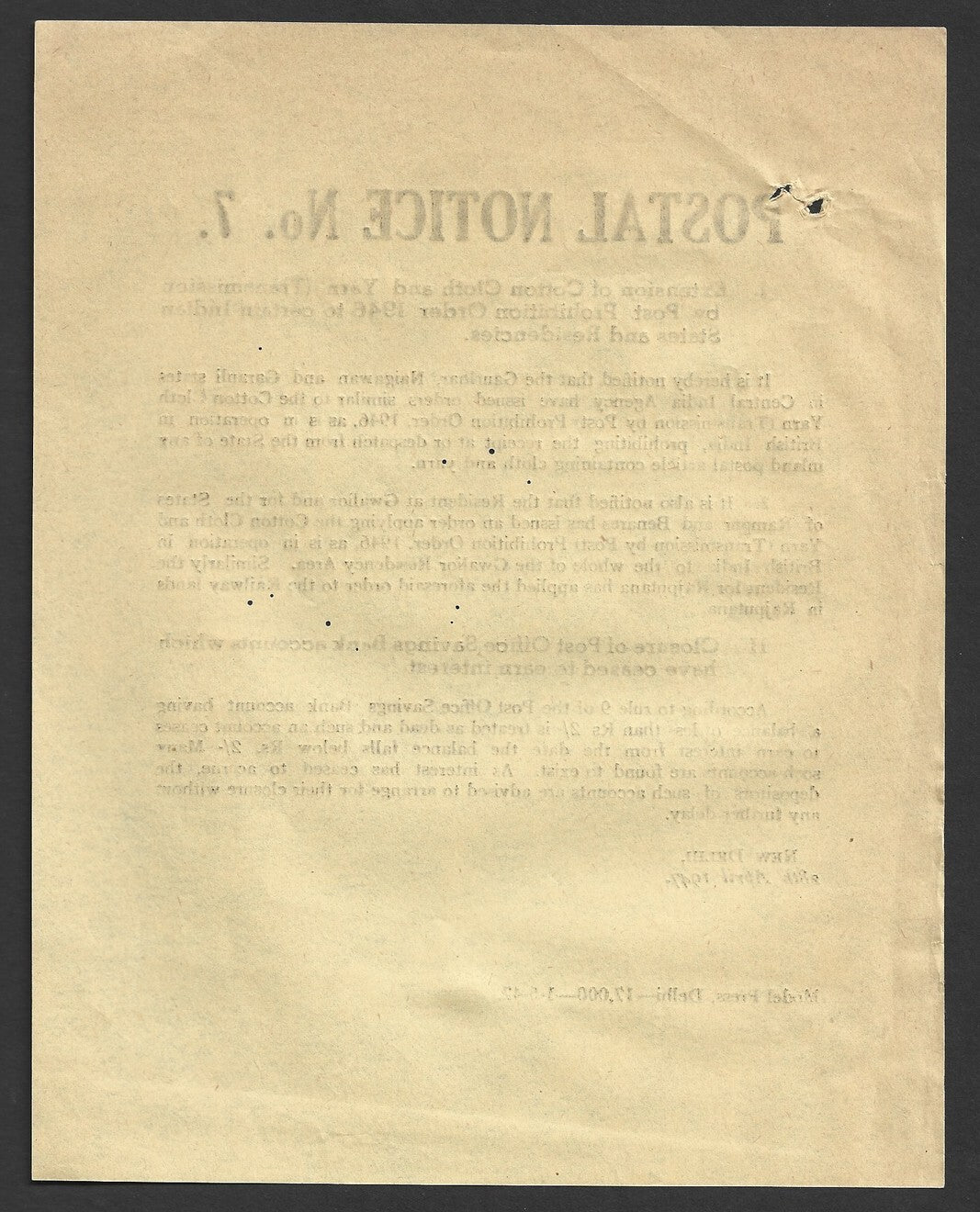 India POSTAL NOTICE No. 7 8th April 1947 Multiple subjects