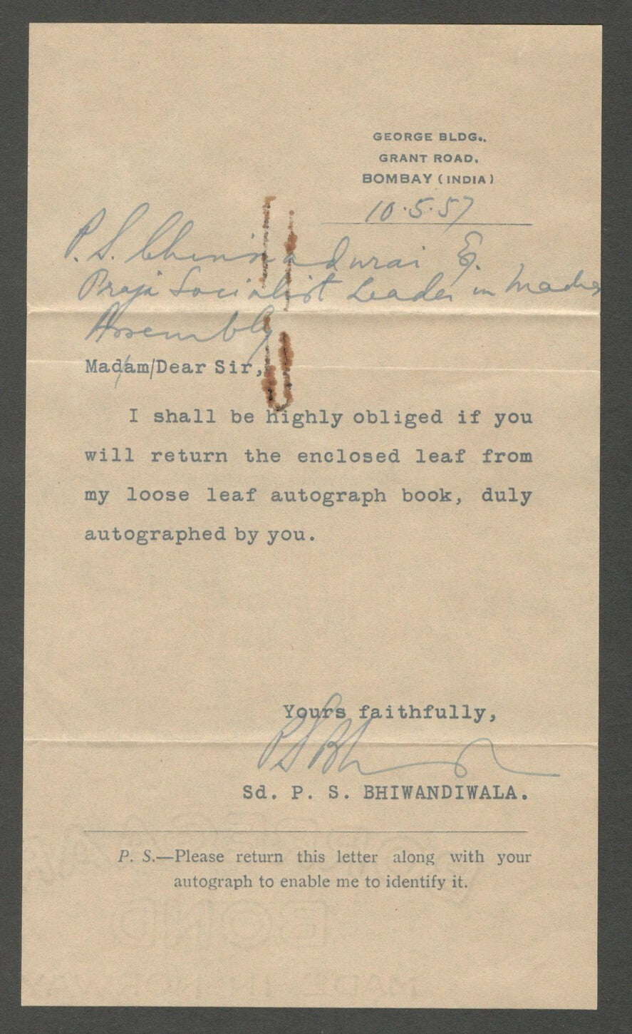 AOP PS Chinmandurai, Indian Socialist Party leader 1957 signed card