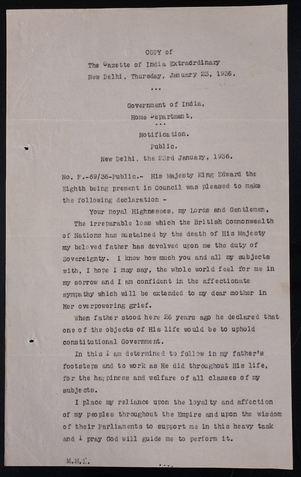 AOP India 1936 signed telegram copy - Universal sorrow for the demise of KGV