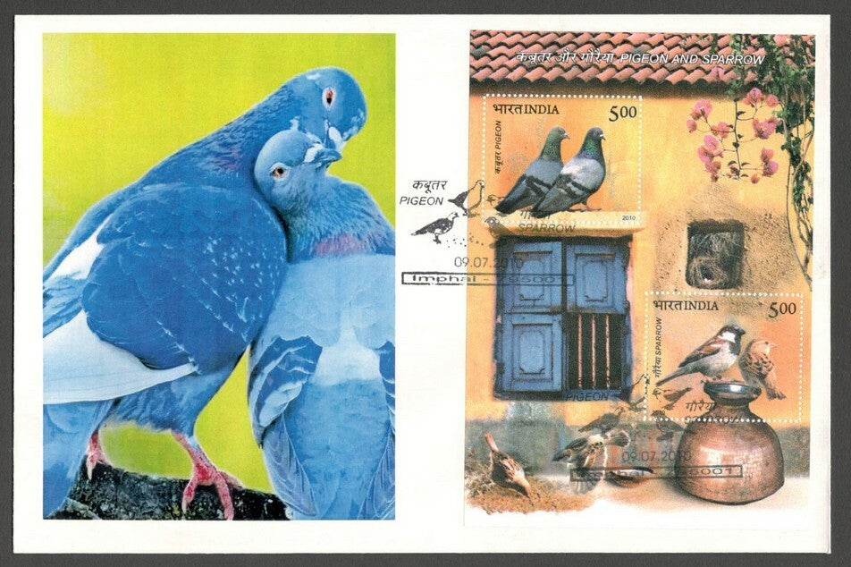 AOP India 2010 Birds Pigeon & Sparrow MS on FDC First Day cover