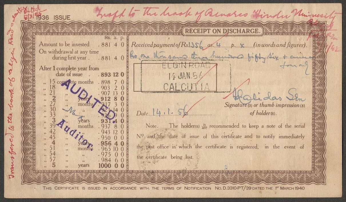(AOP) India 1936 Post Office 5 Year Cash Certificate 1000R
