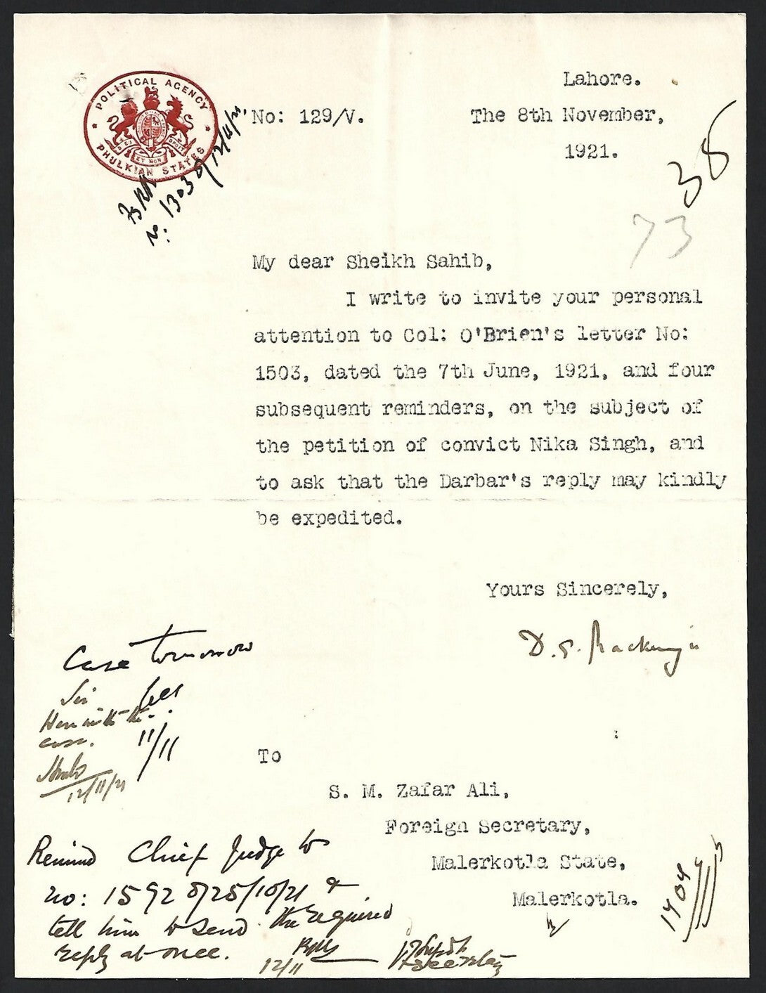 India 1921 crested letter POLITICAL AGENCY * PHULKIAN STATES