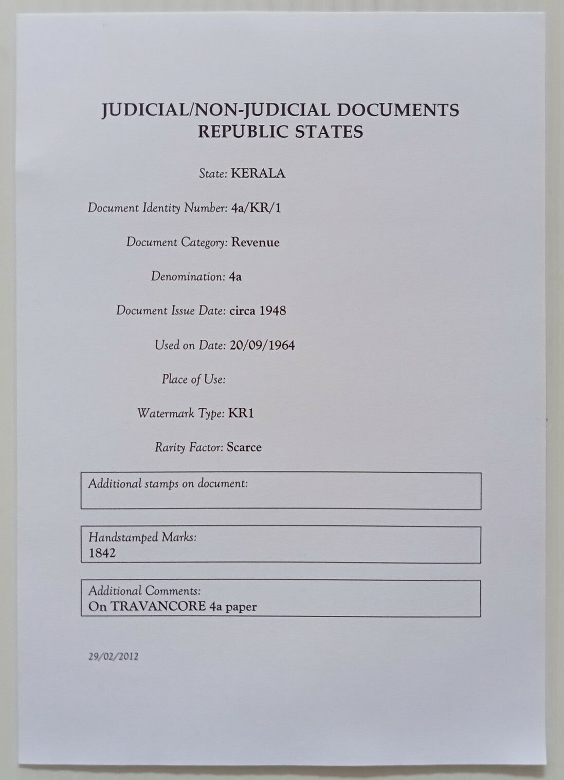 AOP India Kerala 4a Ships stamp paper
