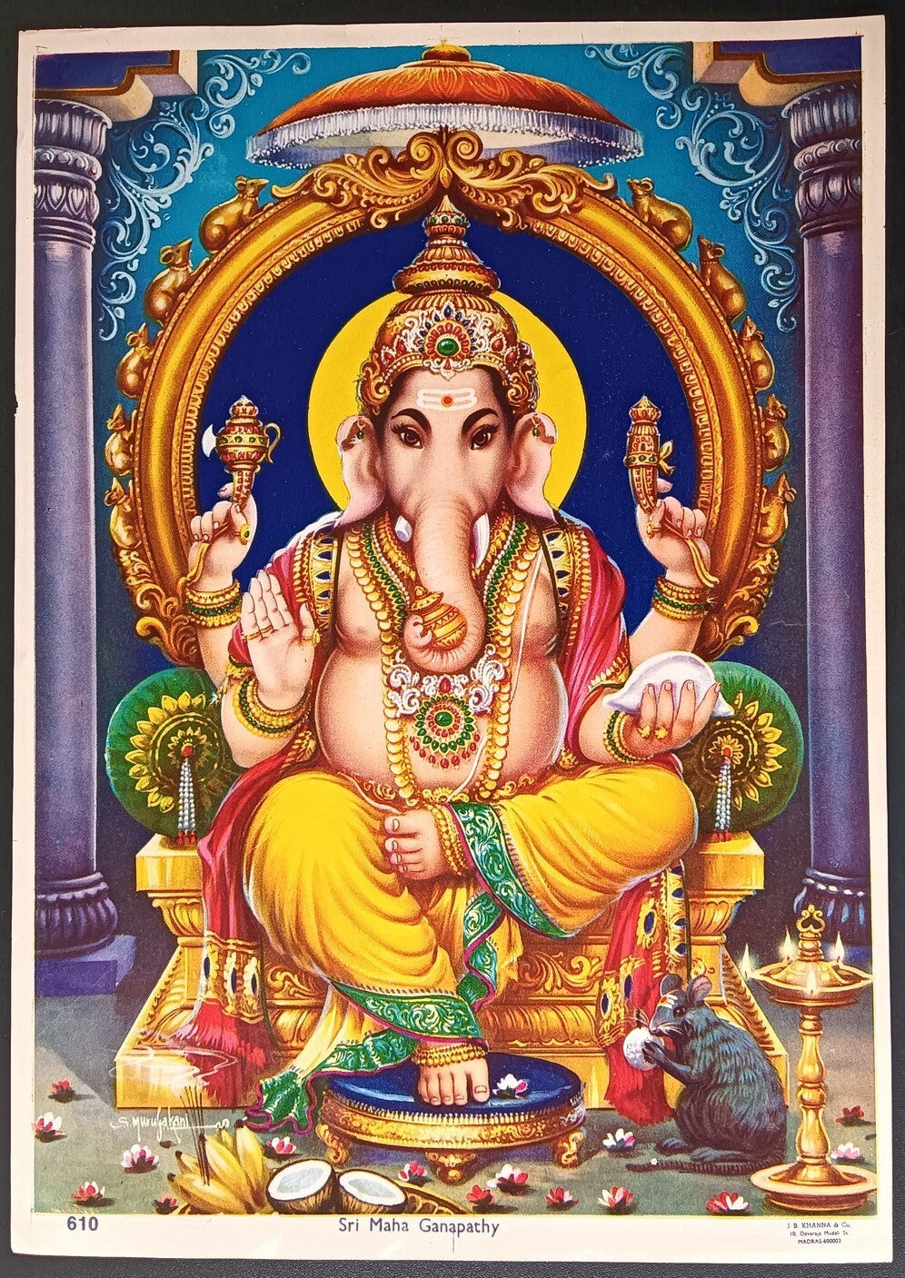India vintage Poster Sri Maha Ganapathy 9.5"x 13" inches by J.B. Khanna
