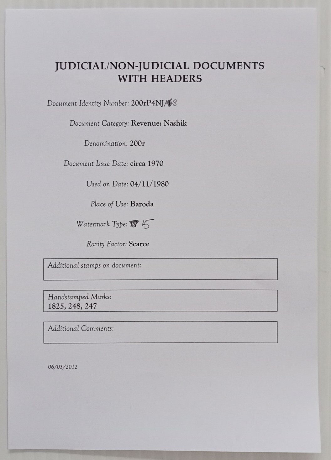 AOP India Capital 200R stamp paper Wmk Type 15