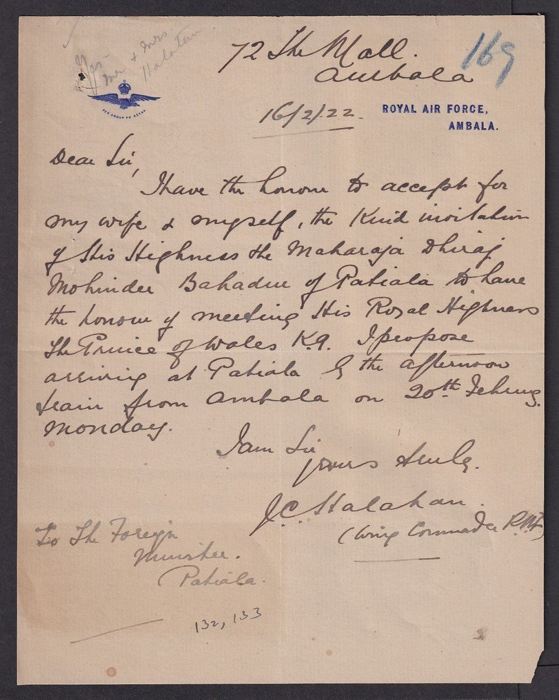 India 1922 HRH The Prince of Wales Visit acceptance letter ROYAL AIR FORCE crest