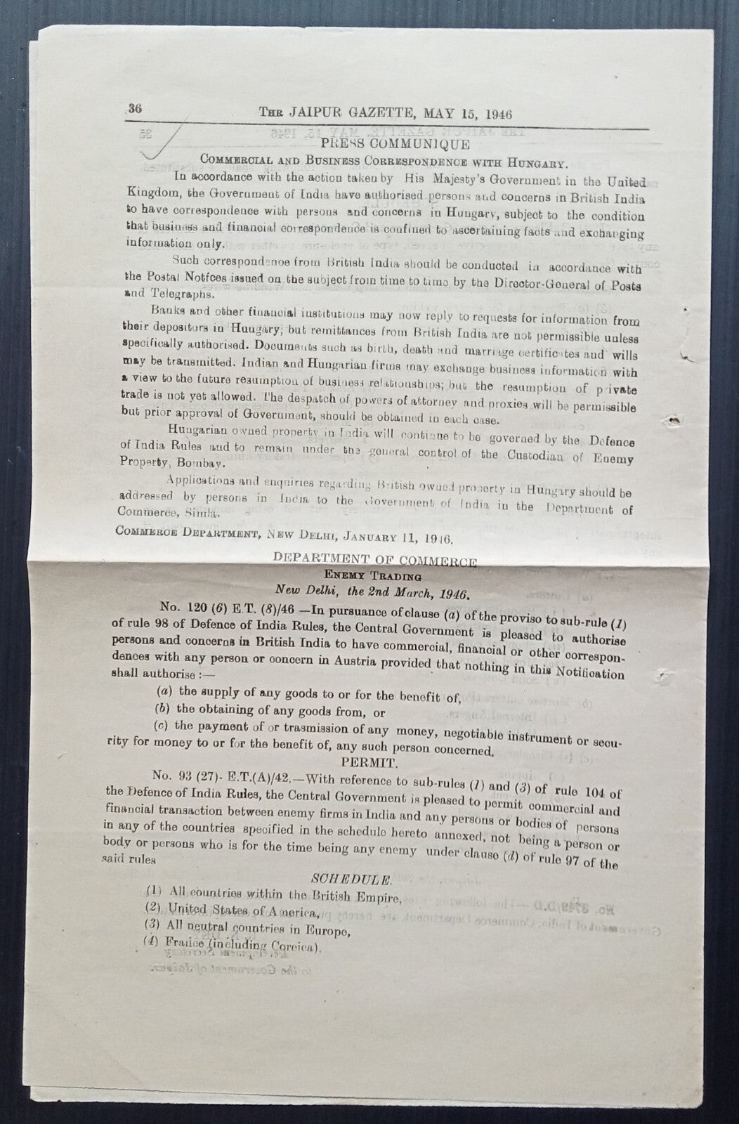 India WW2 Gazette Notification - resumption of trade with HUNGARY