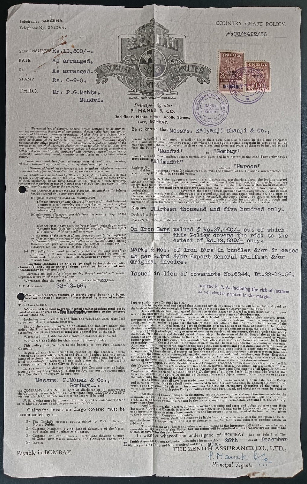 India ZENITH ASSURANCE Co. 1956 Insurance Policy