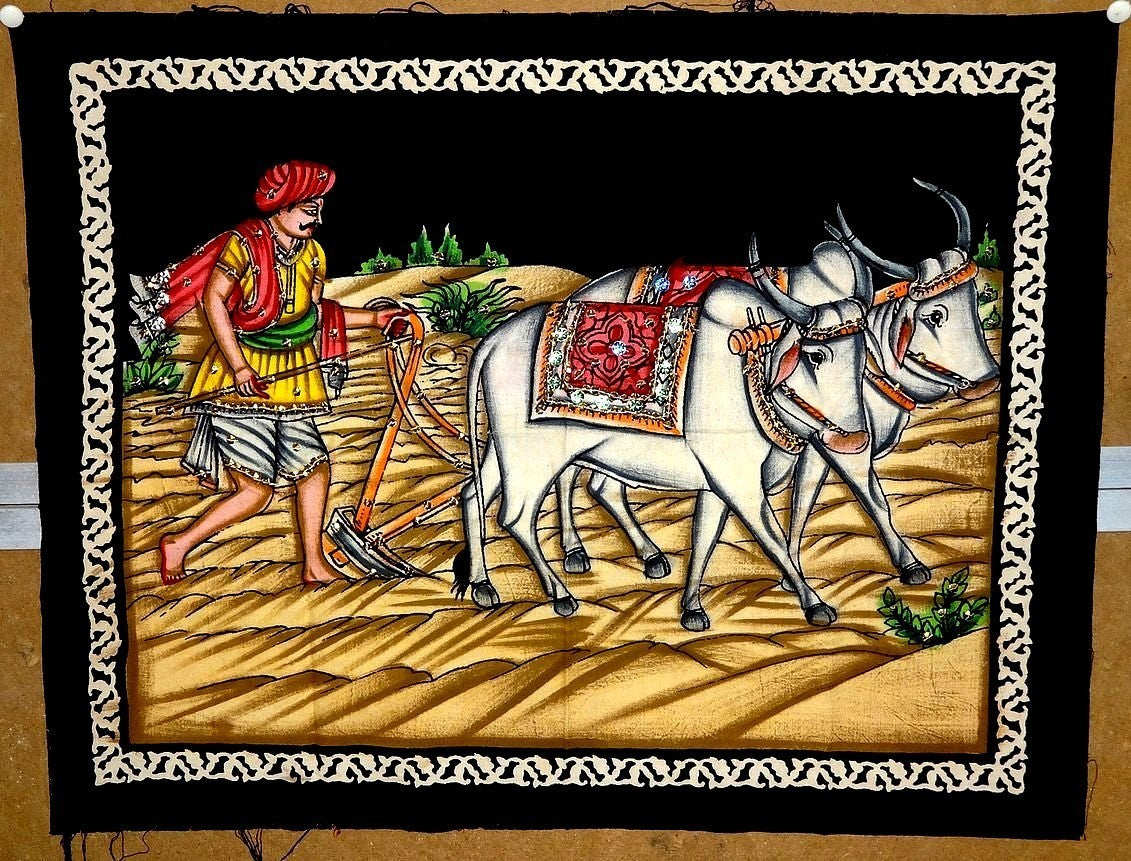 India print with sequins on cloth 18" x 24" Gilded Farmer & Bullock