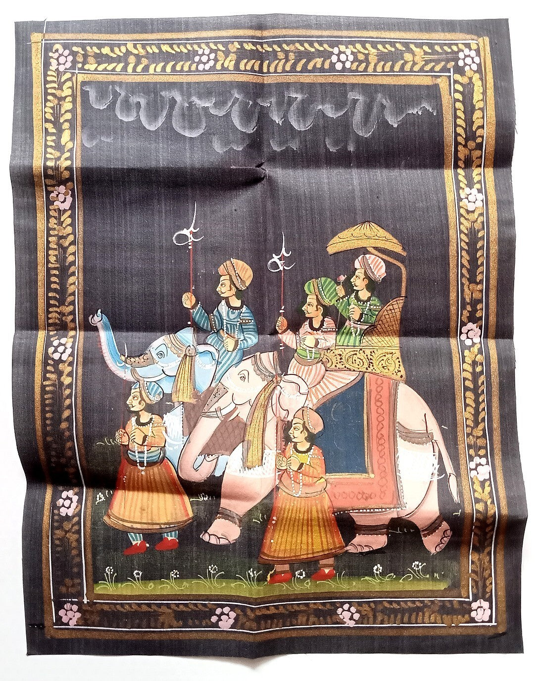 India vintage painting on cloth RAJAH AND HIS MEN ON ELEPHANTS 9 x 12 inches