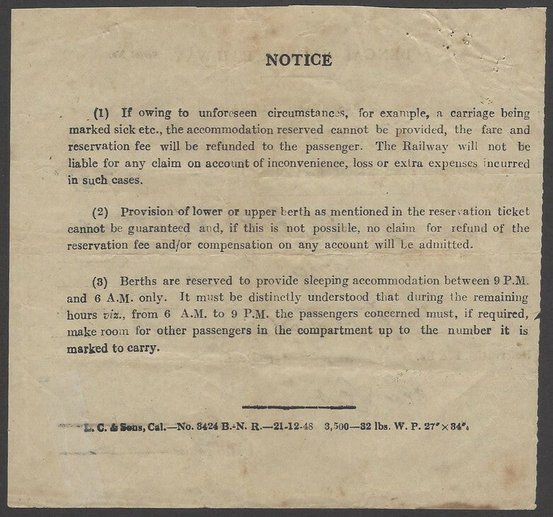 India BENGAL- NAGPUR RAILWAY 1951 Reservation Ticket c