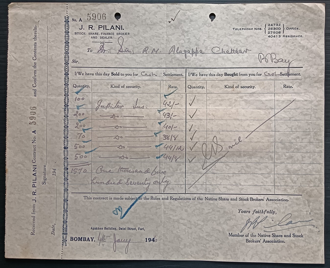 India KGV & KGVI Broker's Note x 7 on 1946 contract note