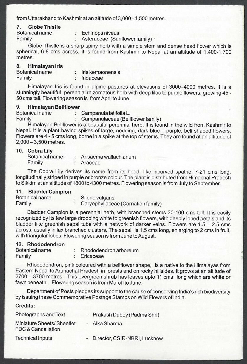 India 2013 Wildflowers of India set of 12 on information brochure used FD