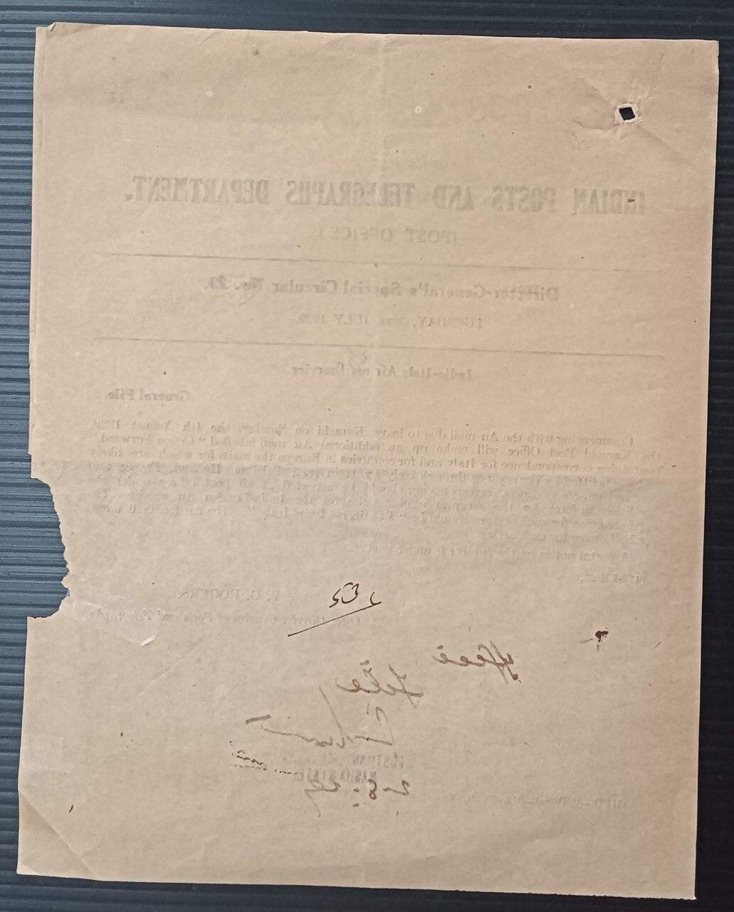 India 1929 POSTAL NOTICE & DG CIRCULAR India Italy Air mail
