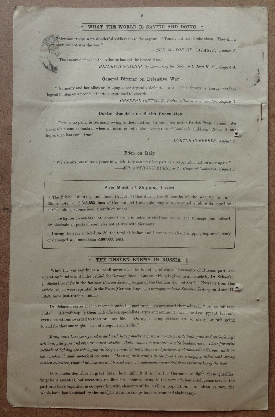 India WW2 Propaganda rag BEHIND THE HEADLINES 1943 AMERICAN OPINION 8pgs