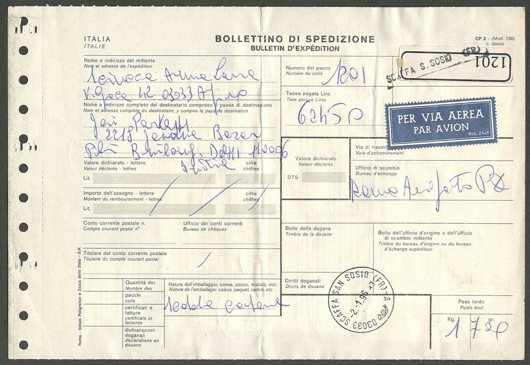 AOP Italy parcel card to India with 62,450 Lire (27 stamps)