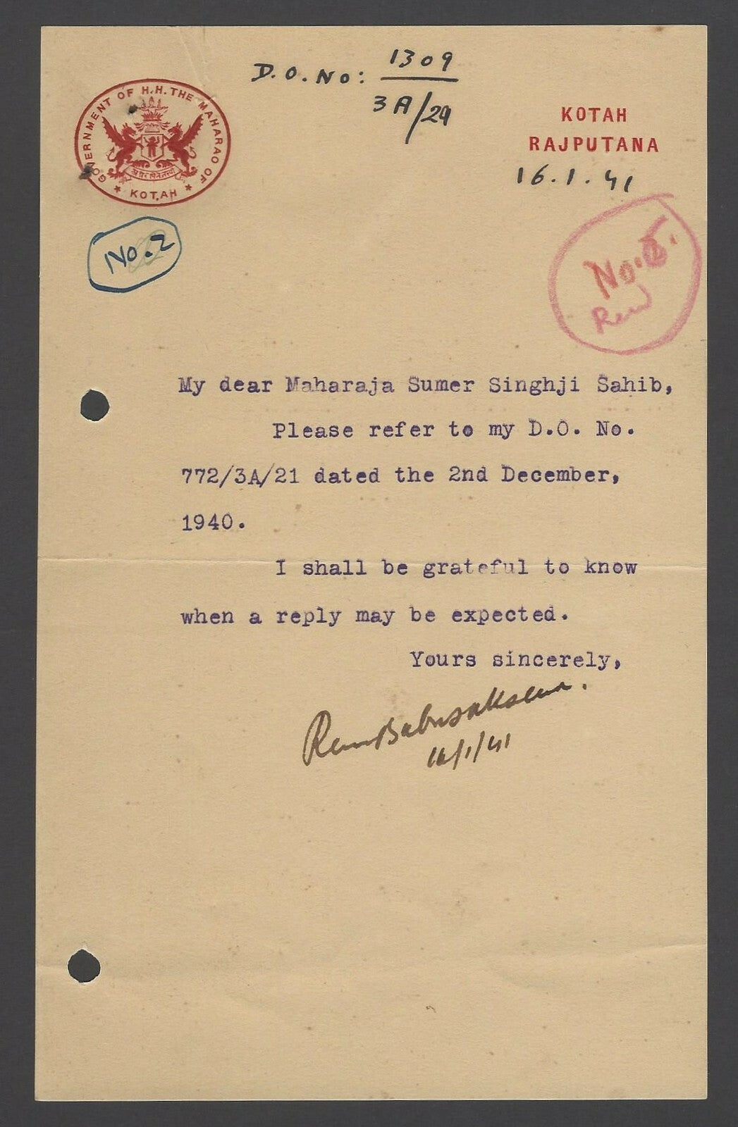India 1941 crested letterhead GOVERNMENT OF H.H. THE MAHARAO OF KOTAH