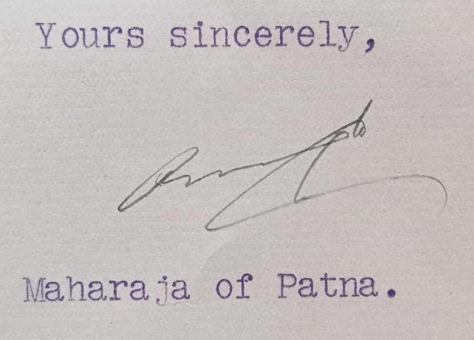 India Patna State 1940 interesting crested letter signed by the Maharaja