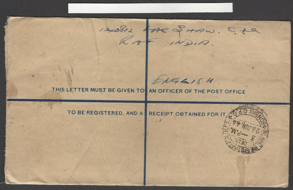 India KGVI registered envelope with RAF censor 1944