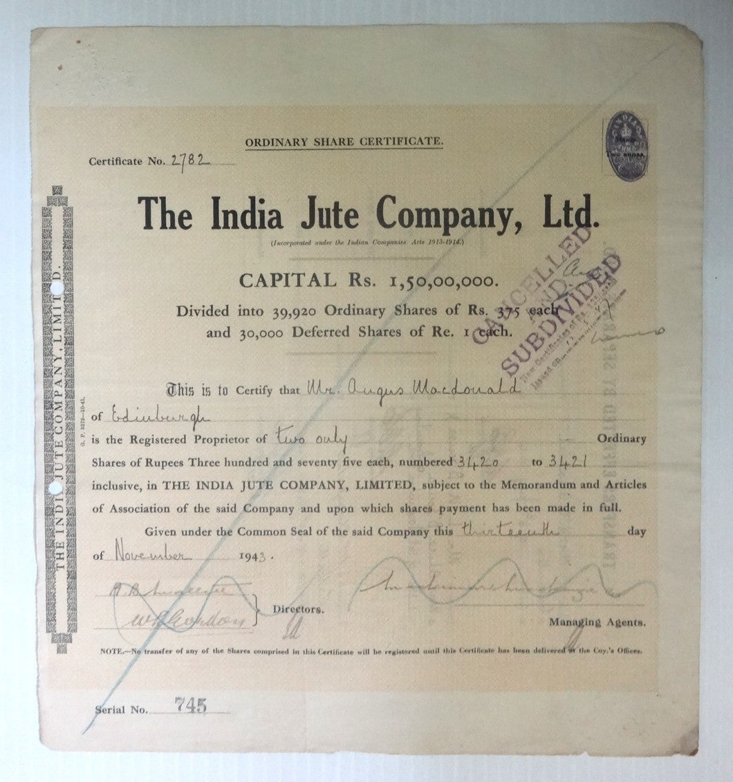 India 1943 India Jute Company share certificate