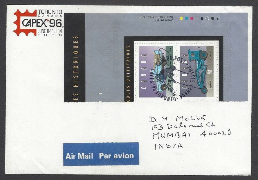 AOP Canada 1996 Historical Vehicles 52c pair on cover to India