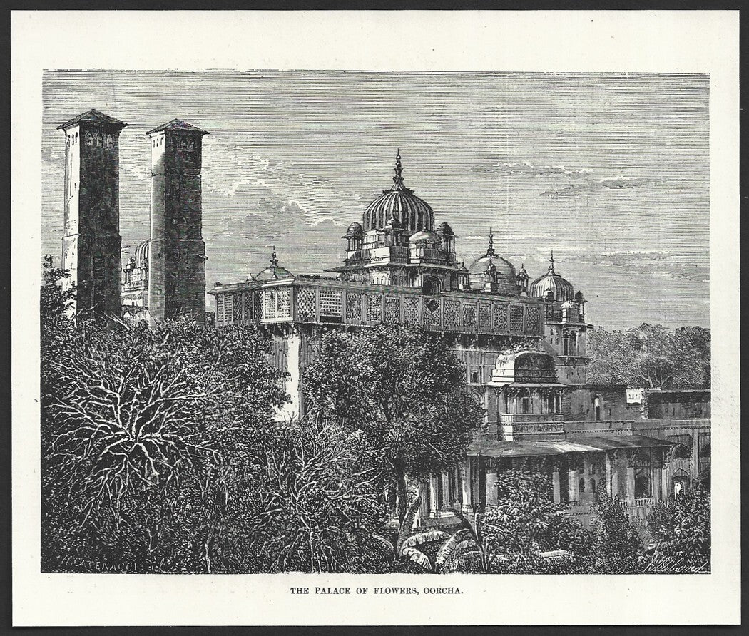 India THE PALACE OF FLOWERS, OORCHA engraved print ex libris Rousslet 1876 7"x6"