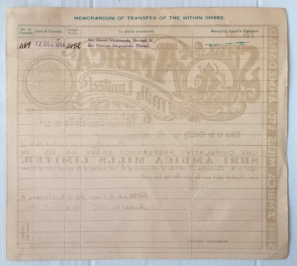 AOP India 1941 share certificate Shri, Ambica Mills Ltd