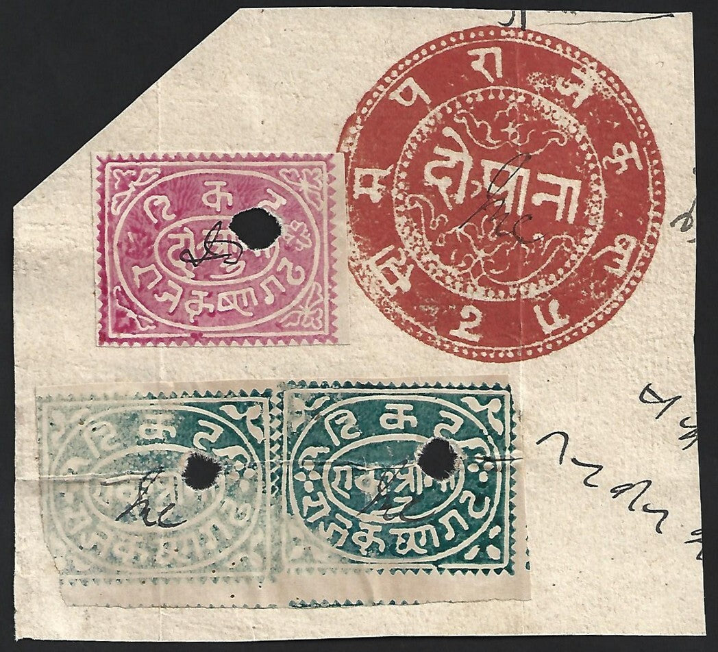 AOP India Kishangarh State 1880s watercolour revenue stamps on piece