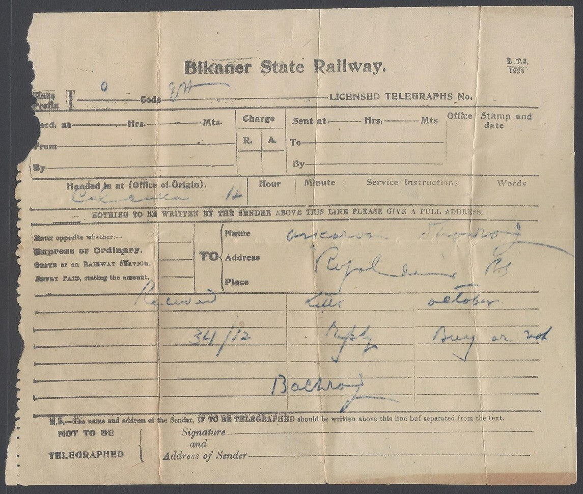 AOP India Bikaner State Railway telegram form used