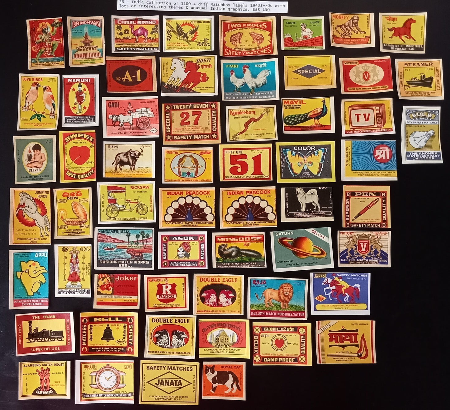 Collection of vintage matchbox labels India unusual graphics 900+ different
